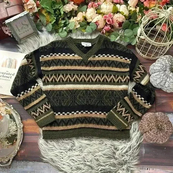 Vintage Kathy Ireland V-Neck Fair Isle Knit Sweater Cozy Cottagecore, M - Picture 1 of 8